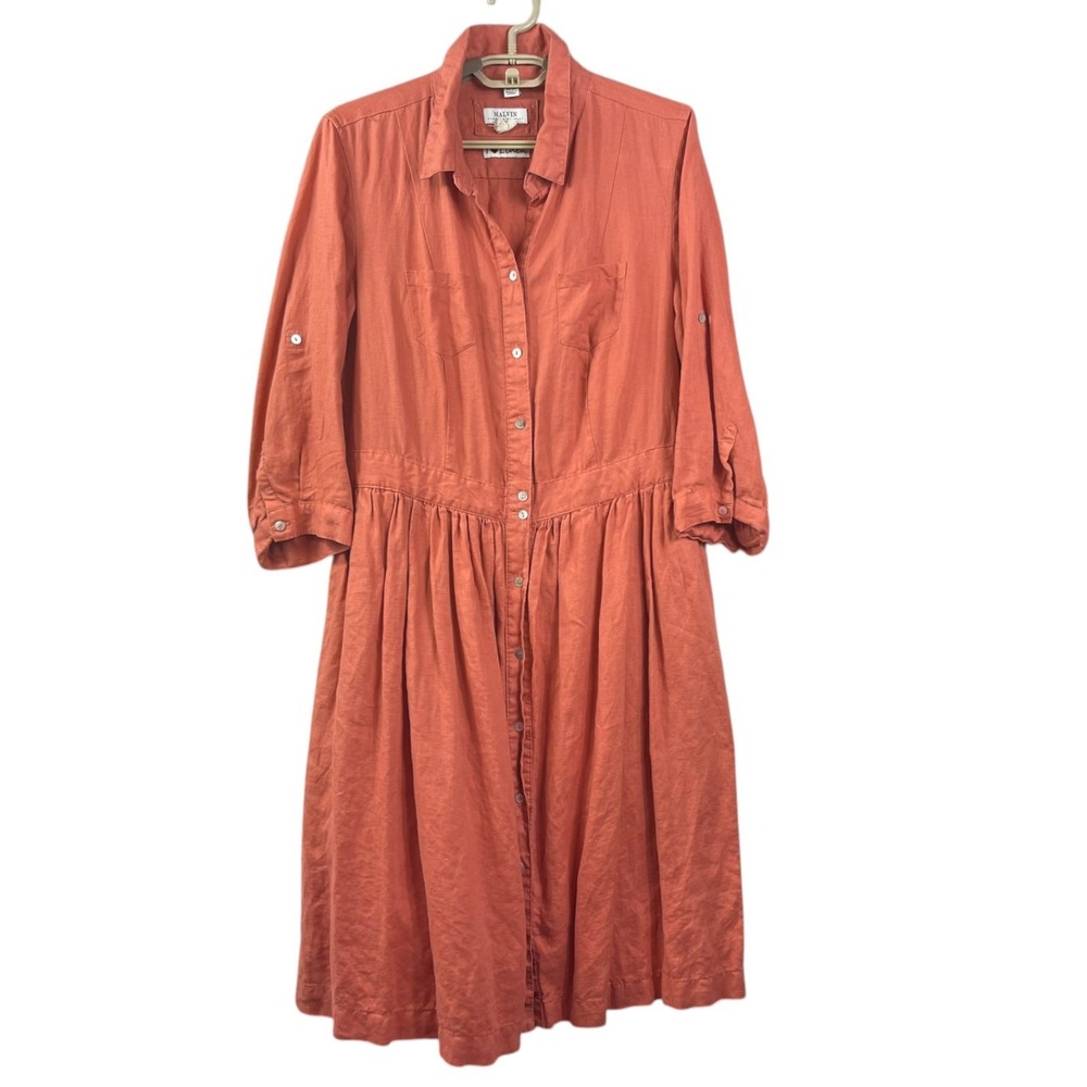 Malvin Linen Dress Womens Sz Large Orange Long Sleeve Anthropologie